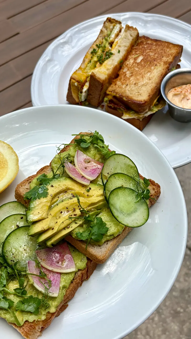 Avocado toast con pepino y rábano, y sándwich tostado